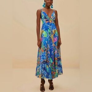 Farm Rio Blue Sea Life Sleeveless Maxi Dress EUC H